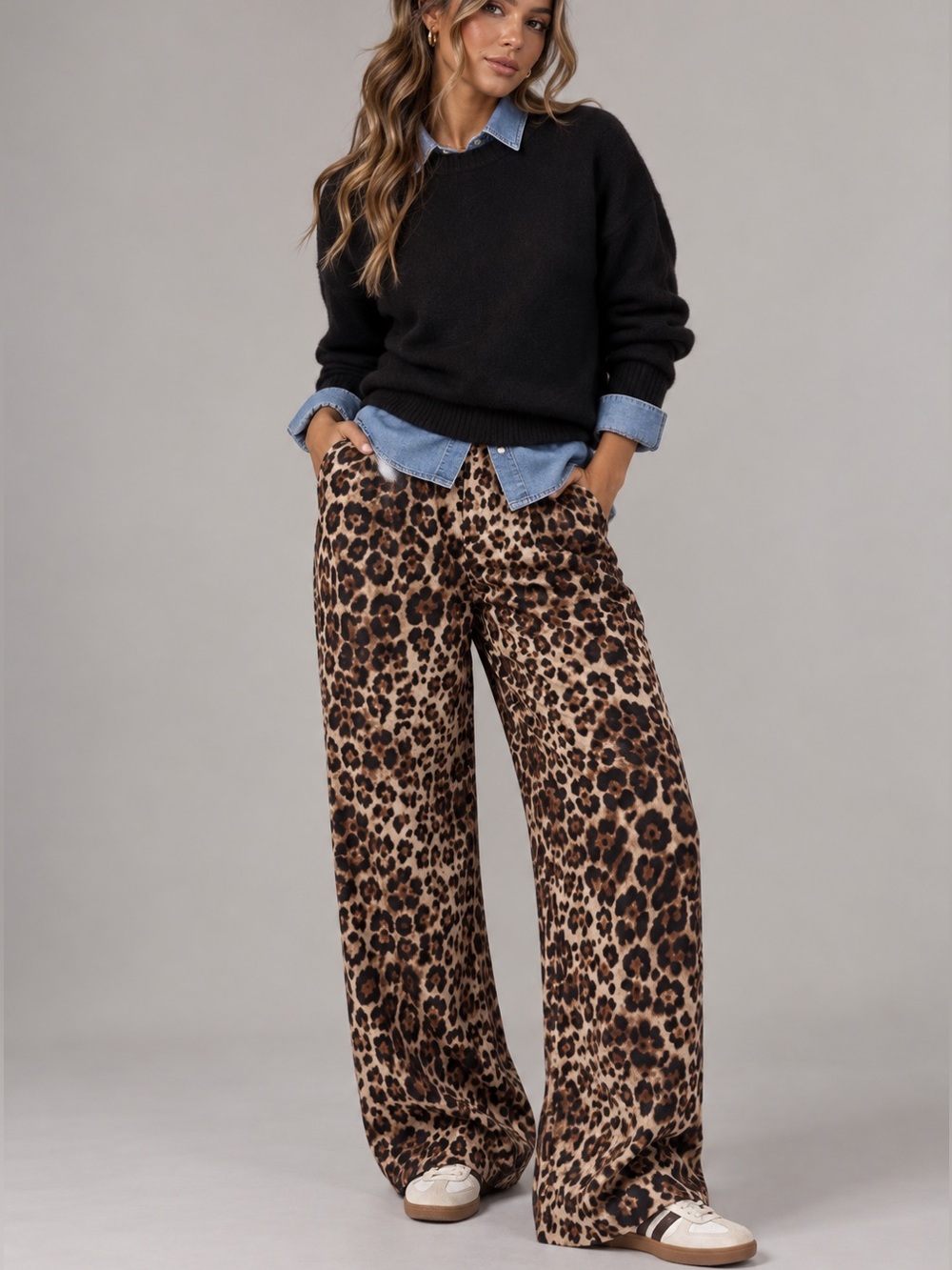 Zara Leopard Print Wide-Leg Loose Fit Pants in Brown Black Effortless Chic Sz Sm